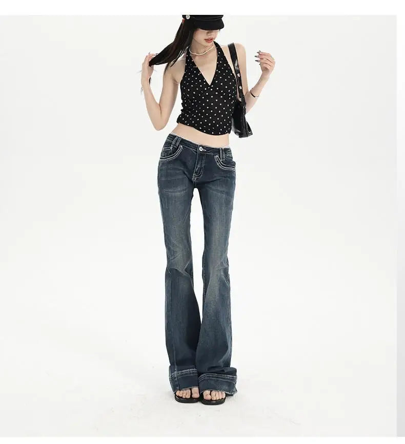 Women's Vintage Washed Low Rise Bootcut Jeans Slight Flare Denim Pants Retro Y2K Style