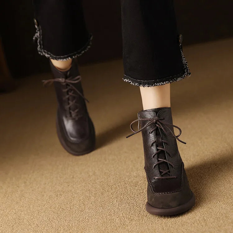 New Autumn Winter Genuine Leather Women Boots Fashion Lace Ankle Boot for Women Short Boots Shoes Chunky Heel Botines Mujer