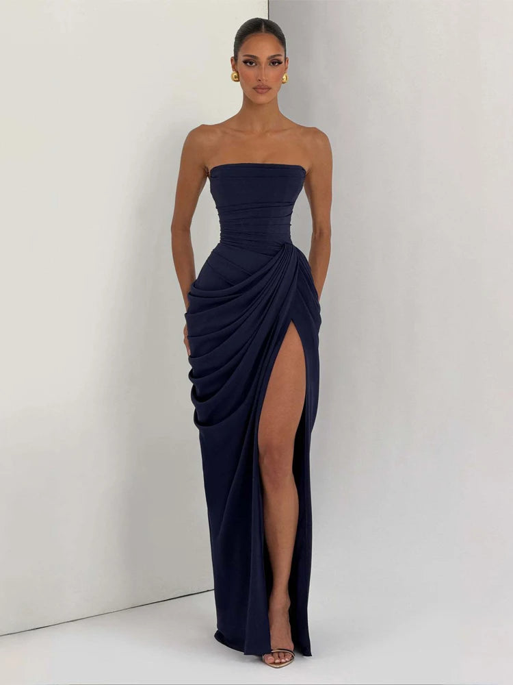 Women Sexy Solid Pleated Strapless Dress Lady Chic Off-shoulder Backless High Waist Split Dresses 2026 Summer Evening Party Gown
