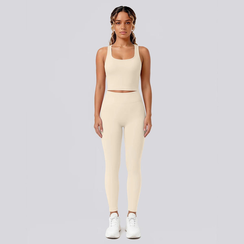 2PCS Solid Color Yoga Set for Woman's Gather Beautiful Back I-shaped Vest Shock-absorbing Running Yoga Tank Top Push Up Pants