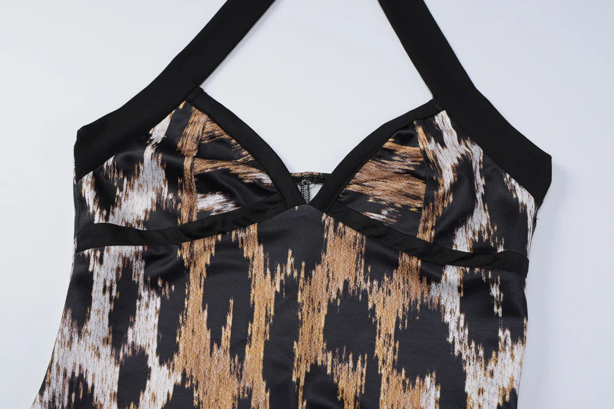 FDYOUI Fashion Halter Bodycon Leopard Dress Party Night Club Outfit Women Sexy Sleeveless Backless Midi Evening Prom Dresses