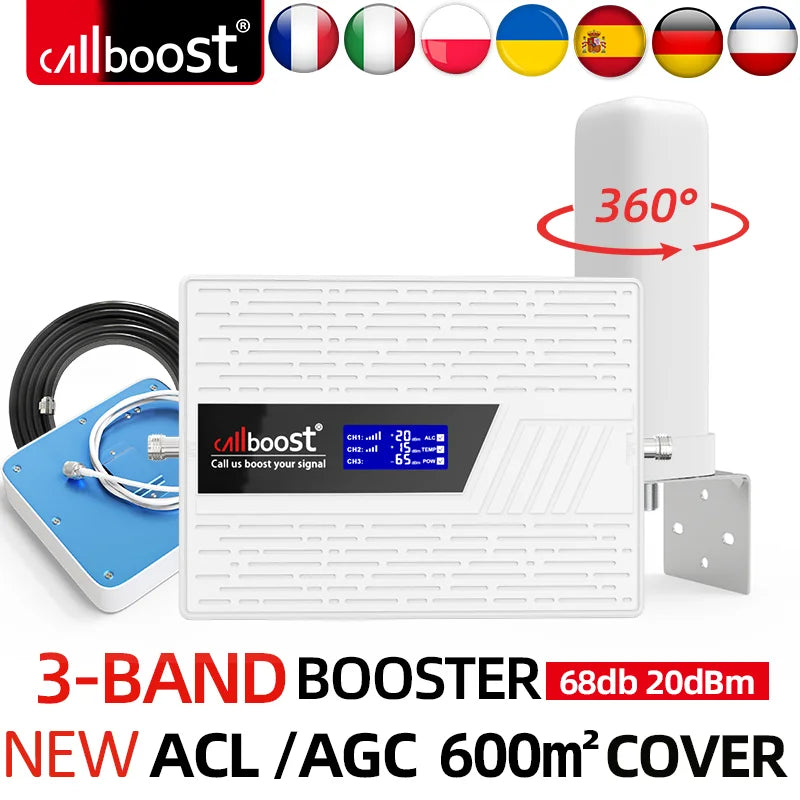 CALLBOOST Tri-Band Cellular amplifier Enhanced 2G 3G Cellphone Network 2100 1800 900MHZ GSM Signal Amplifier With 4g LTE Antenna