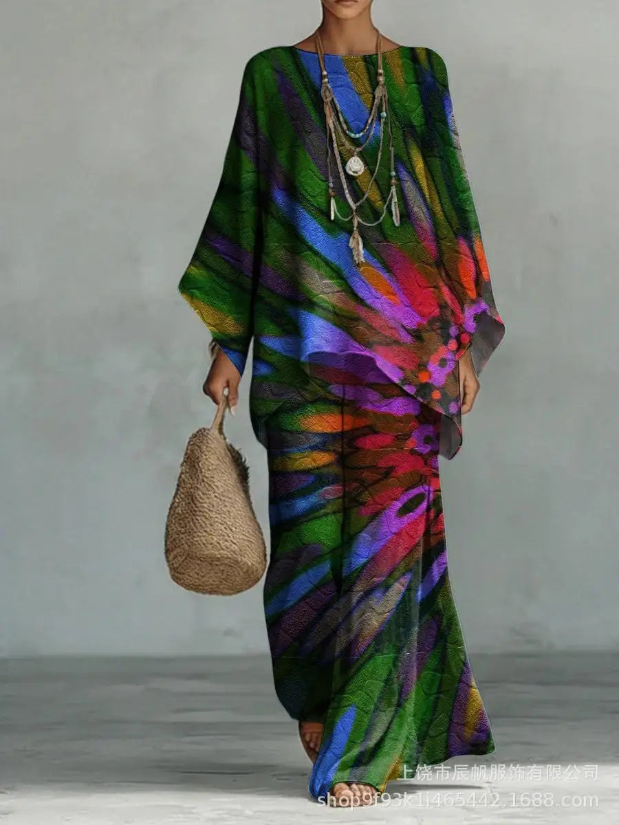 Bohemian Foreign Style Printed Women's Two-piece Set Spring Fashion O-neck Loose Top+wide Leg Pants Suit Ladies Office Outfit