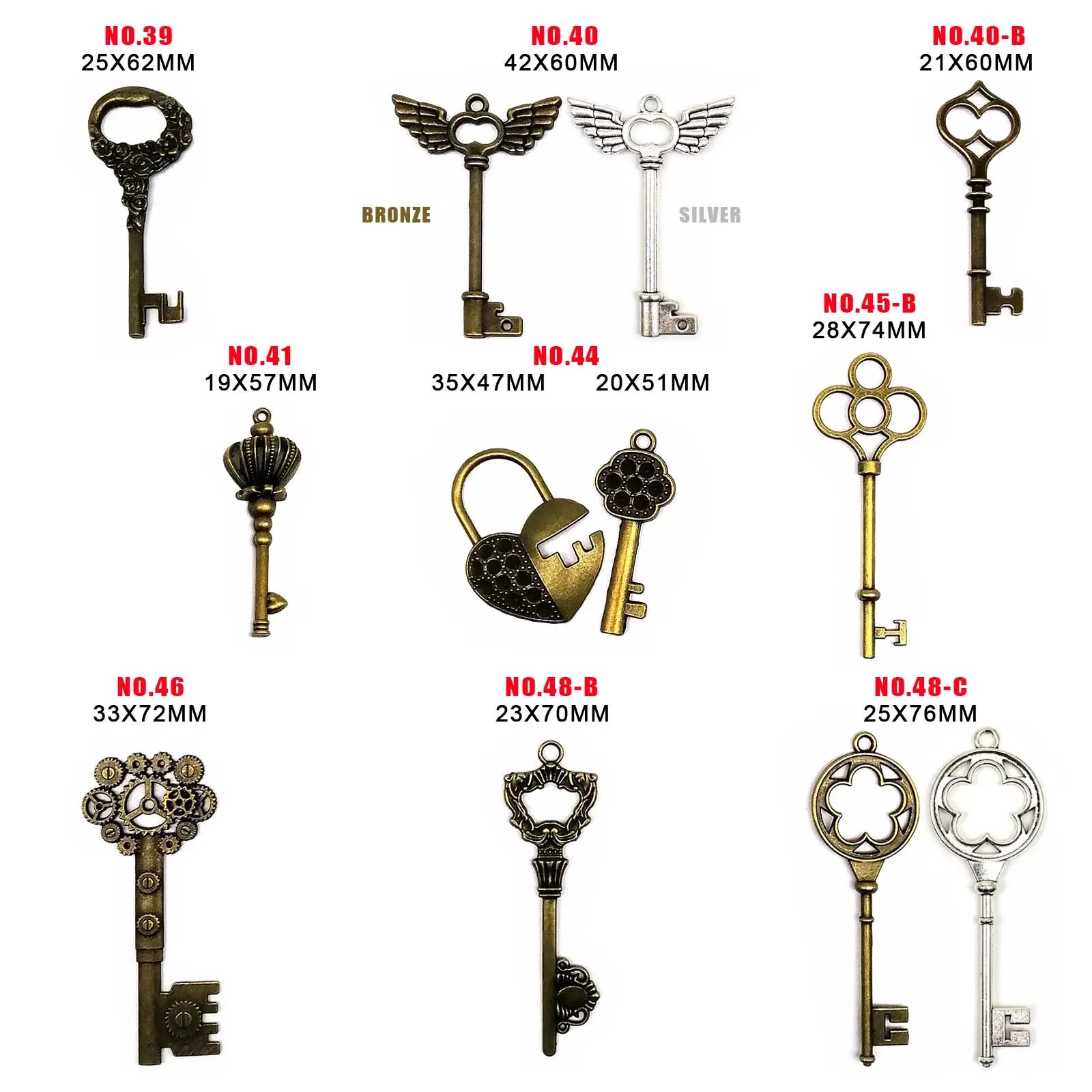 10pcs Old Looking Old-fashioned Decorative Vintage Key Steampunk Charms Pendant Jewelry Making Antique Brass Bronze Silver