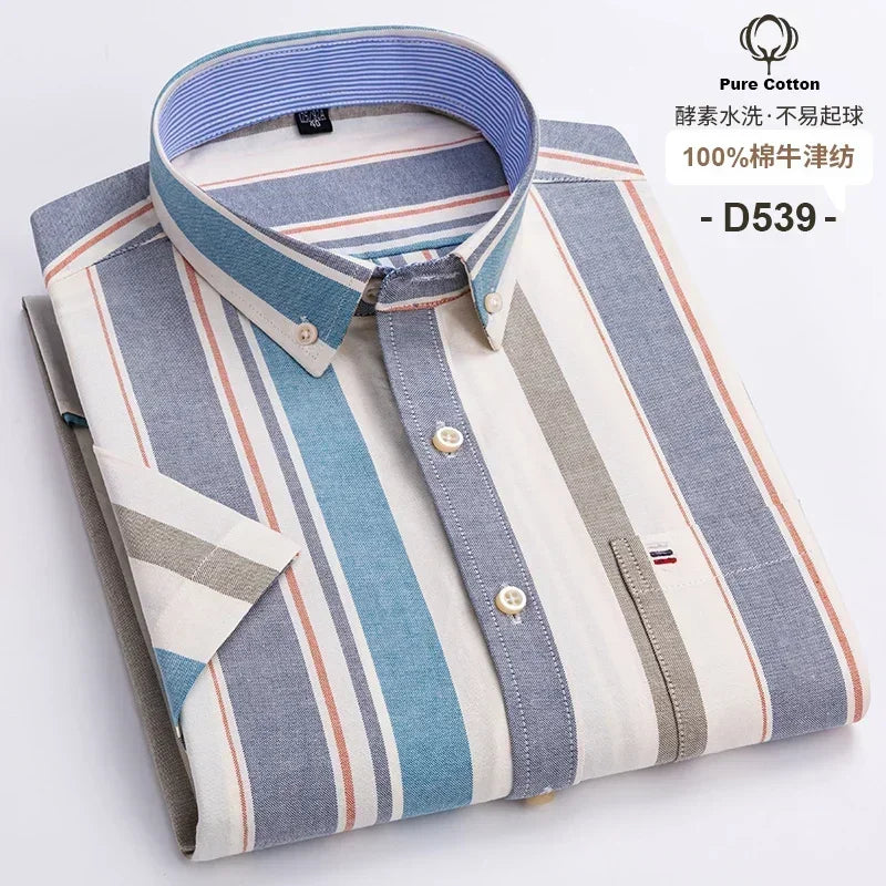 2025 100% Pure Cotton Men's Oxford Short Sleeve Square Collar Soild Plaid Striped Summer Casual Shirts Single Pocket  Shirt