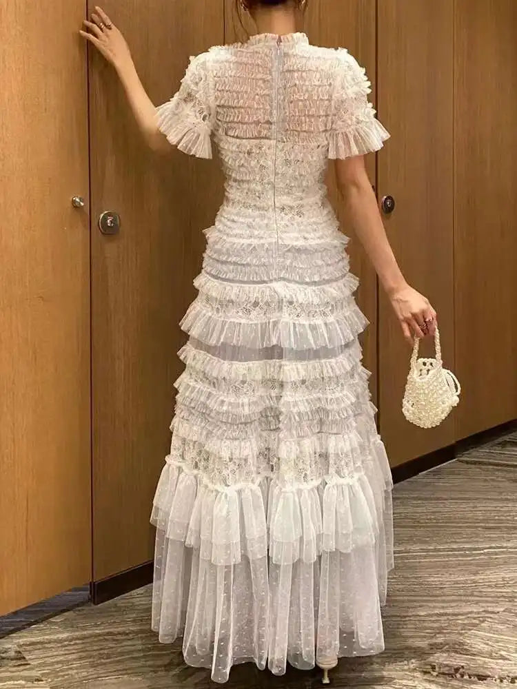 Eshin Elegant Midi Dress Short Sleeve Summer Spring New Fashion Design Women Runway Mesh Ruffles V-Neck Party High Street TH6731