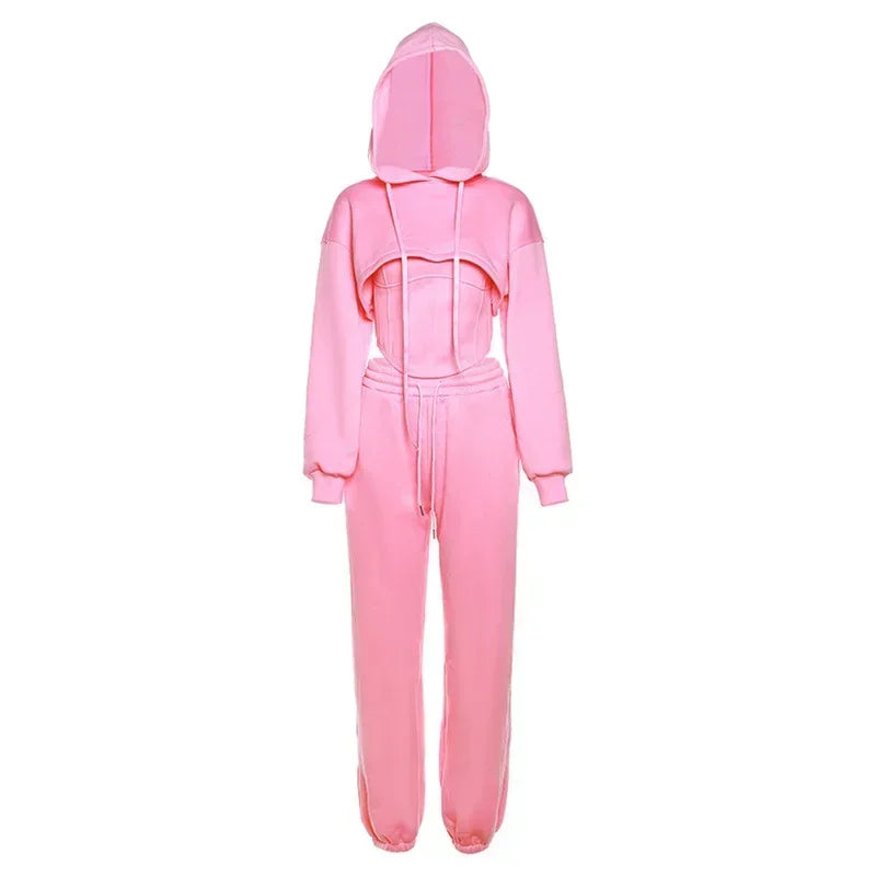 New Lace Up Pants Sets Women Slim Solid Splice Tank Tops Woman Long Sleeve Short Hoodies And Pant Suits Women Outfits Winter