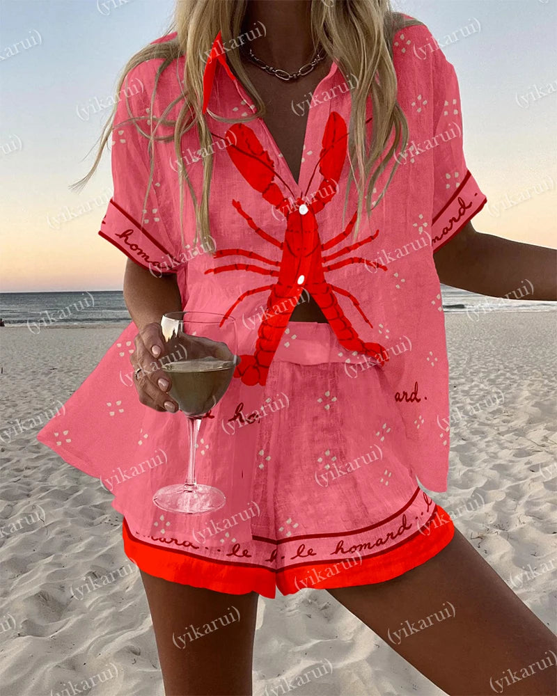 Summer Fashion Print Beach Holiday 2-Piece Set Women Short Sleeve Shirt Top + Wide Legs Short Women's Oversized Two-Piece Outfit