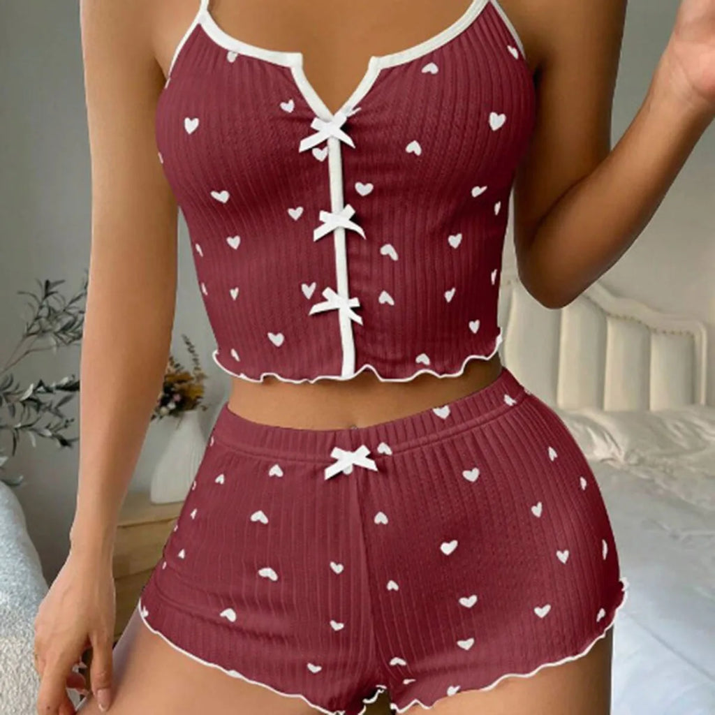 Sexy Heart Print Pajama Set for Women Sleepwear Silk Stain V-Neck Sleeveless Casual Cami Top and Shorts Sets Loungewear