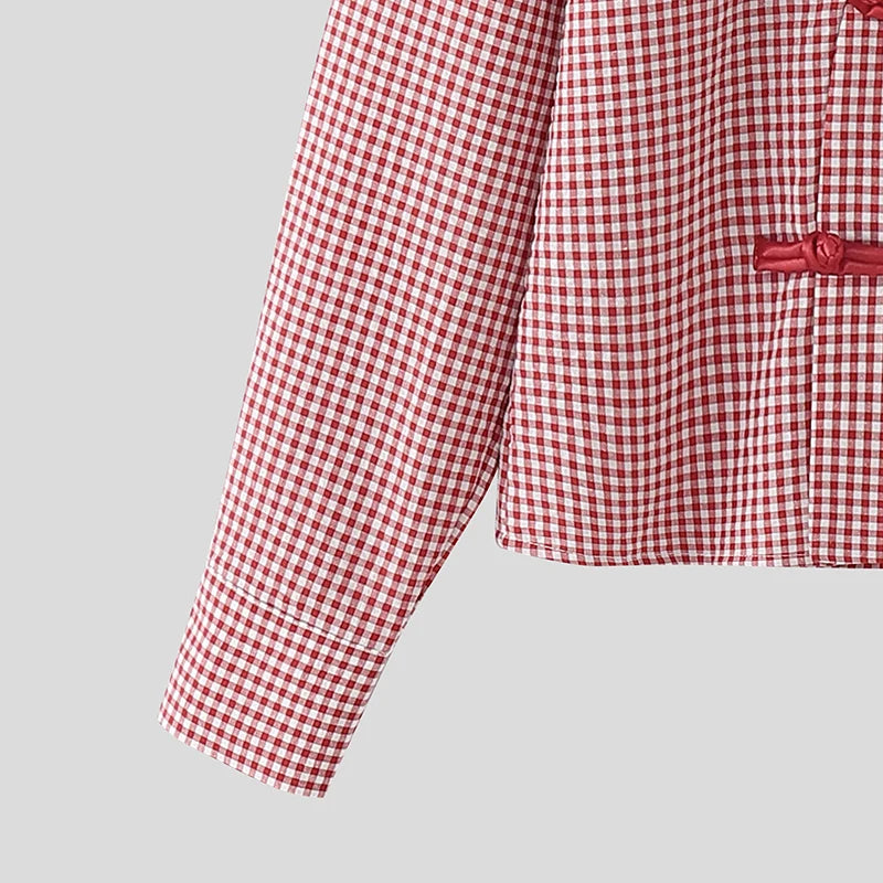 INCERUN Men Plaid Shirt Lapel Long Sleeve Patchwork Loose Men Clothing Streetwear 2026 Spring Fashion Casual Tops Male Shirts