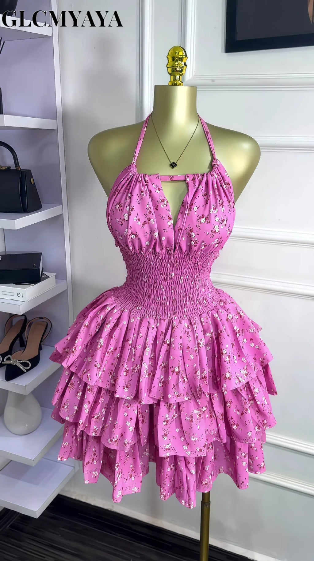 CM.YAYA Women Floral Printed Halter Ruffles Midi A-line Tiered Mini Dress Fall Vacation Elegant Evening Birthday Party Dresses