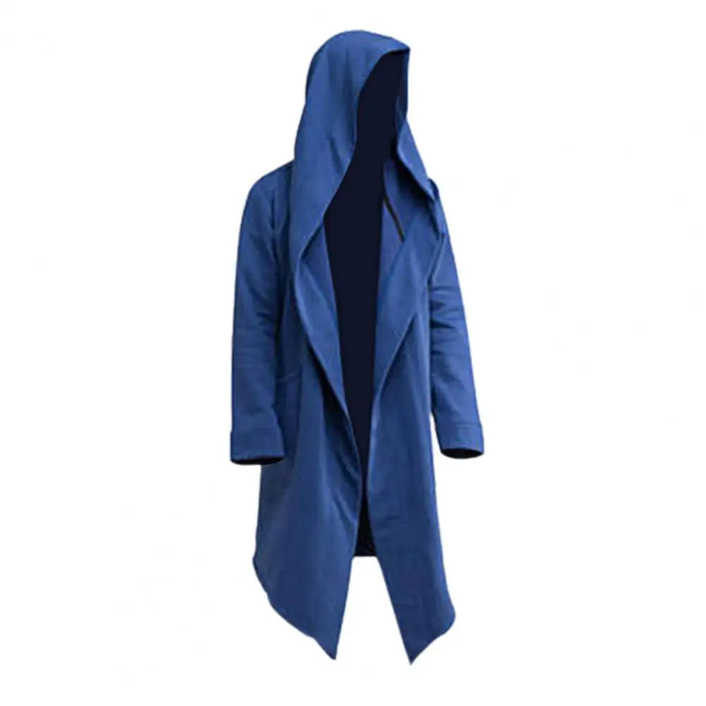 Oversize Men Coat Long Turn-down Collar Big Hat Cardigan Trench Coat Hooded Oblique Hem Big Pockets Men Windbreaker Outwear