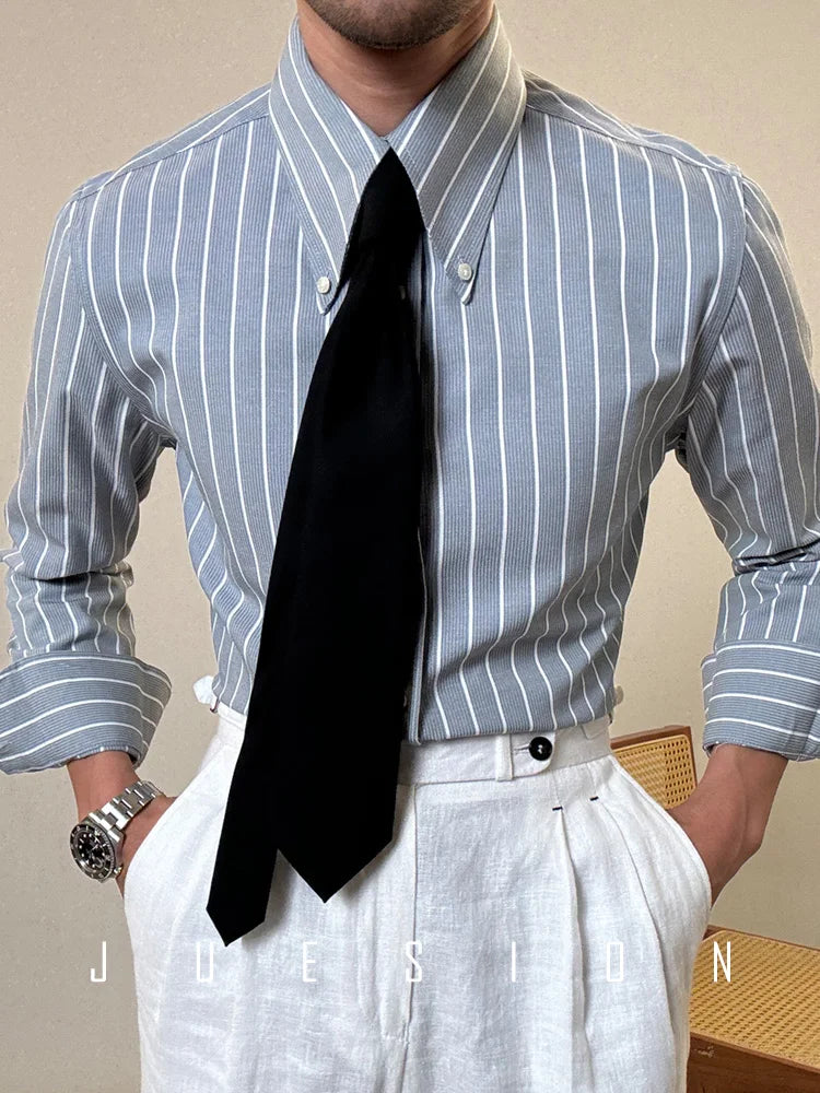 Anti-wrinkle Tianshan Cotton Italian Long Point Collar White Striped Shirt Men's Long Sleeve Casual Business Shirt