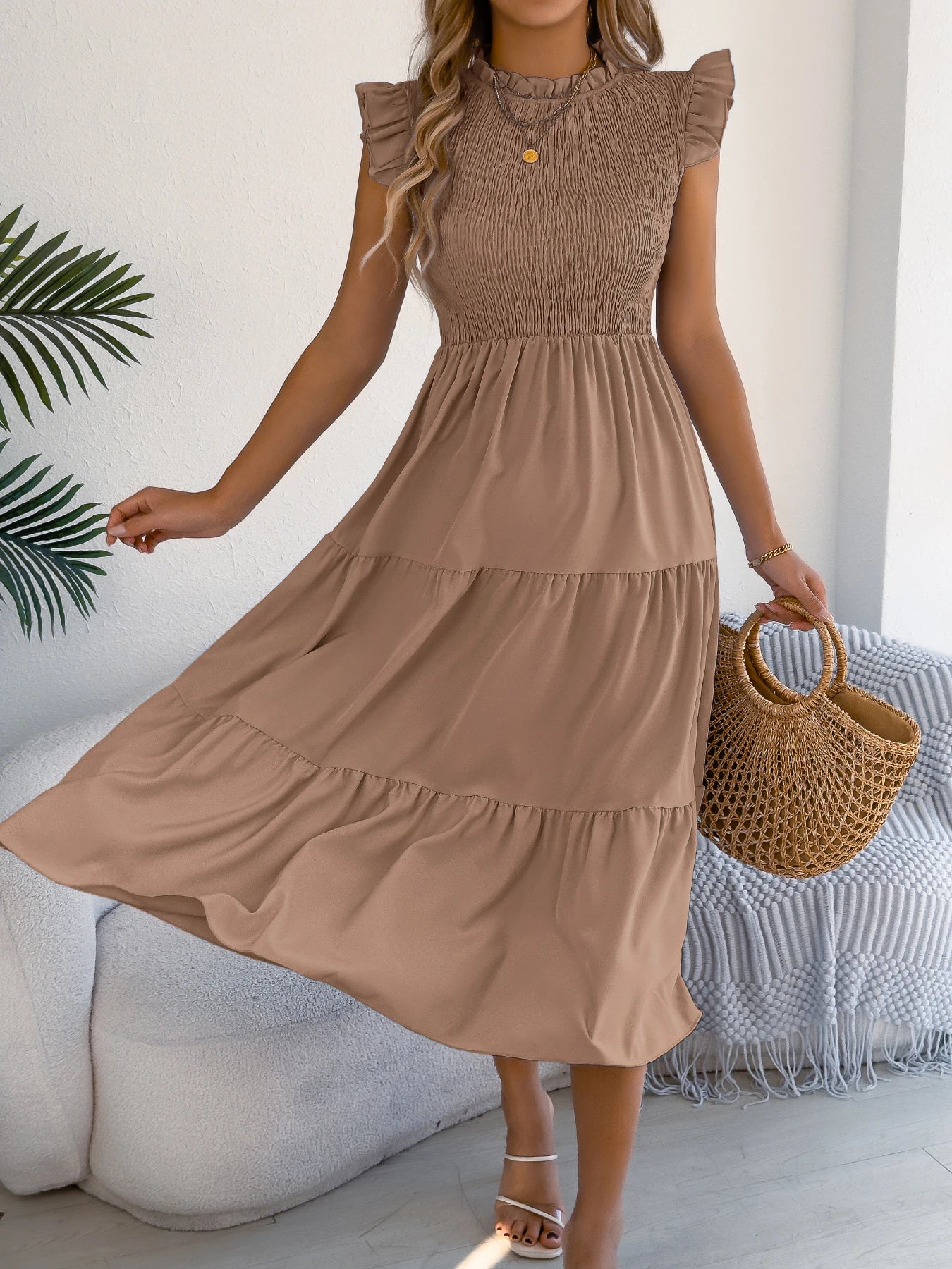 Spring Summer Elegant Ruffled Dresses for Women 2026 Casual Vacation Solid Color Round Neck Sleeveless Long Dress Blue Green