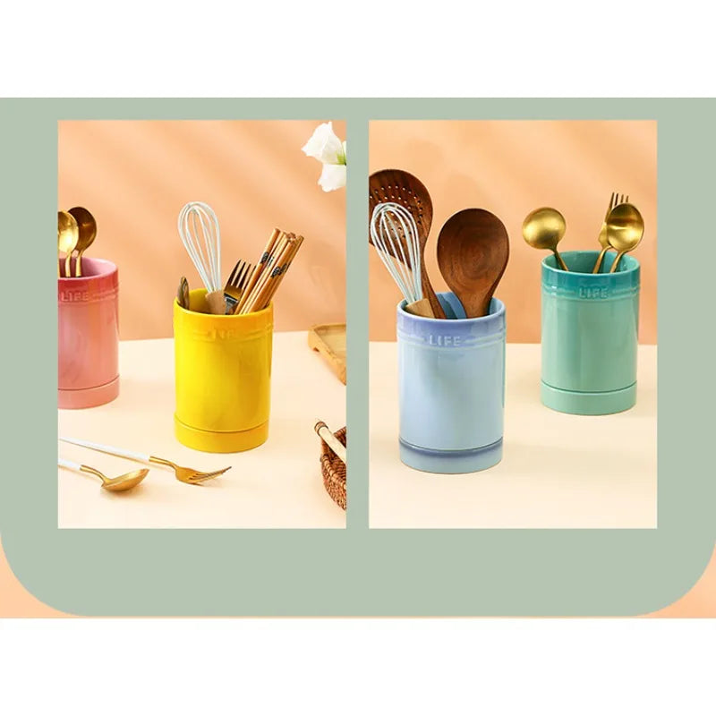 Porcelain Kitchen Utensil Holder for Countertop,Ceramic Storage Organizer for Knives Spoons and Forks,Cooking Tools Container