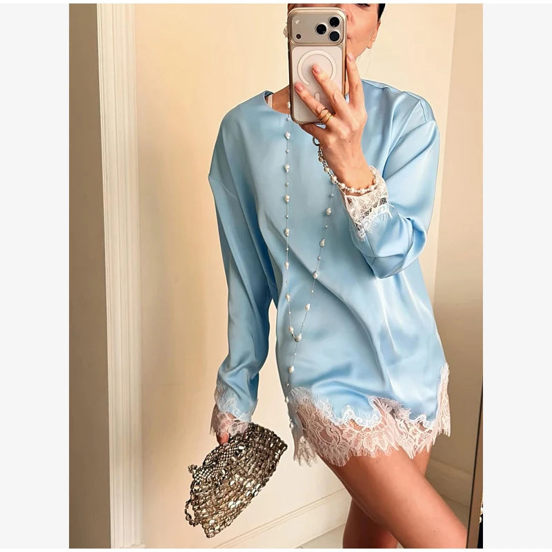 Satin Lace Patchwork Dress Women Long Sleeve O-neck Casual 2026 Spring Female Dresses Casual Solid Beach Robe Not Contain Pearls