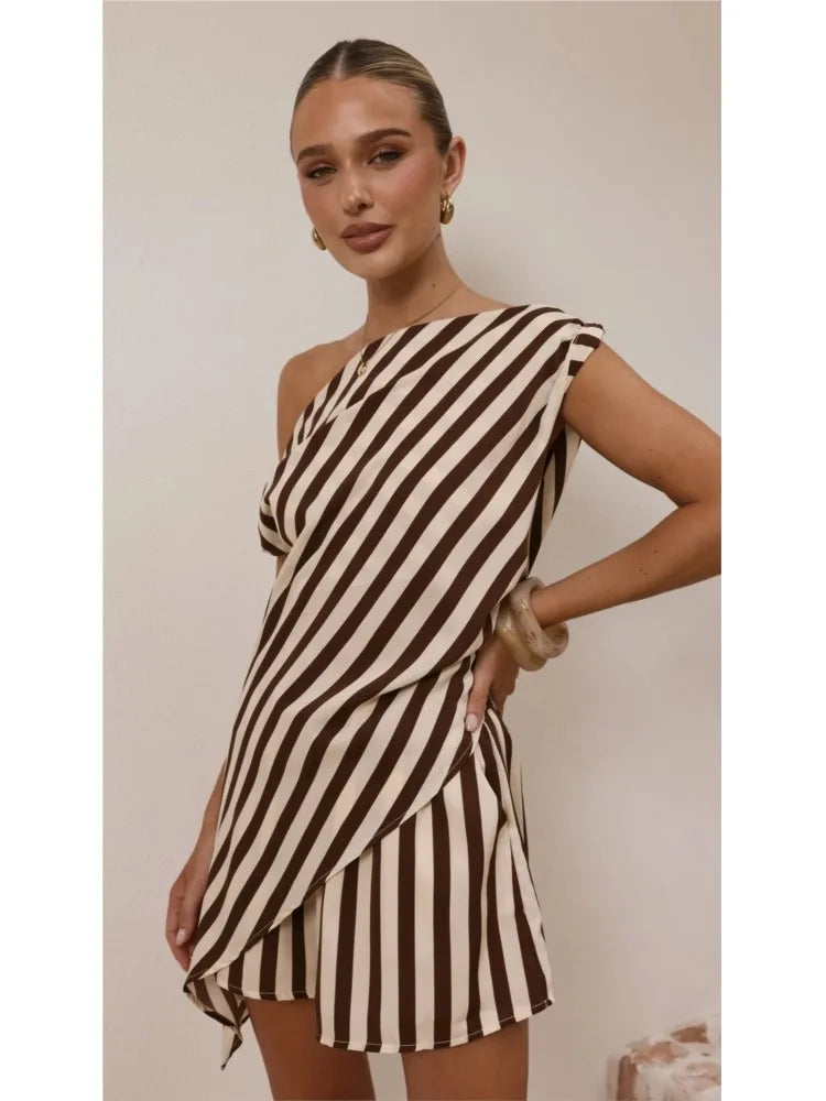 Fashion Elegnat Holiday 2 Piece Set New Summer Printed Off-shoulder Casual Tops And Shorts Suit Womens Clothing