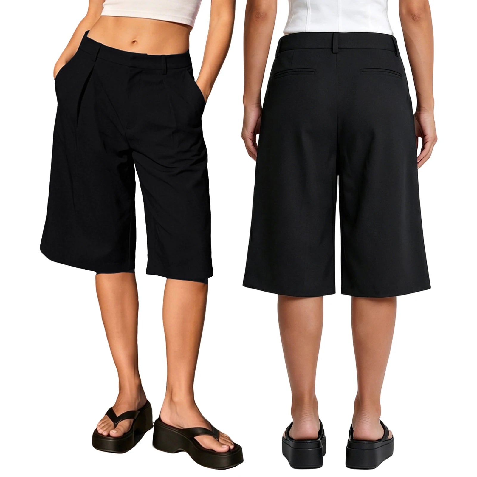 2026 New Women's Summer Casual Solid Color Knee Length Shorts with Pockets Ladies Bermuda Shorts Sexy Low-Rise Wide-Leg Trousers