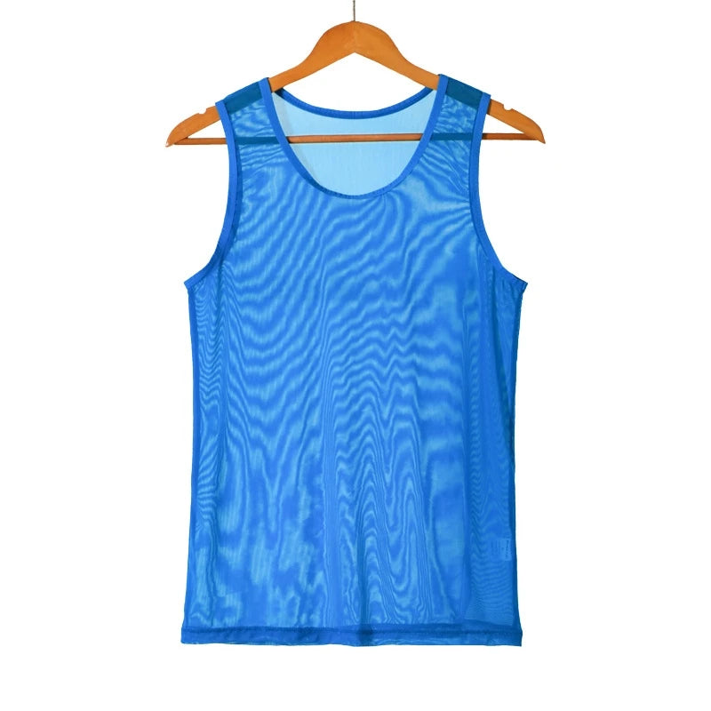 Men Sleeveless Mesh Sheer Tank Outwear Training Vest Fishnet Hollow Out See Through Undershirt