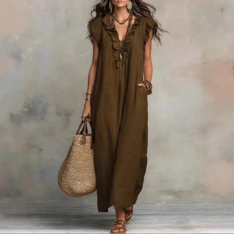 Women Spring Summer Boho Flutter Sleeve Floor Length Maxi Dress Elegant Beach Long Dress