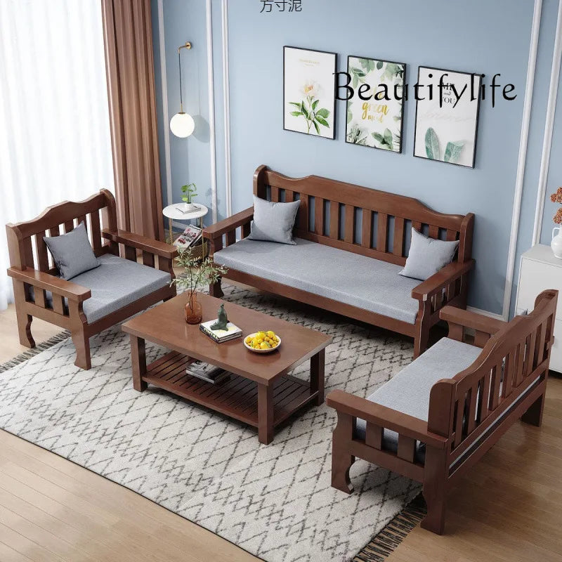 Solid wood bench combination sofa small apartment simple leisure living room retro balcony new Chinese style office wooden sofa