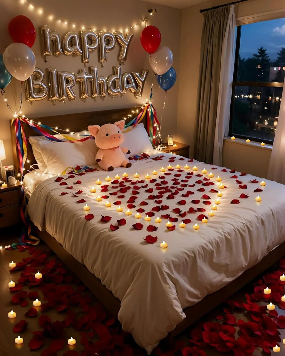 1000 Artificial Rose Petals with 12 Heart LED Tea Lights Set for Romantic Decor, Wedding, Valentine's Day