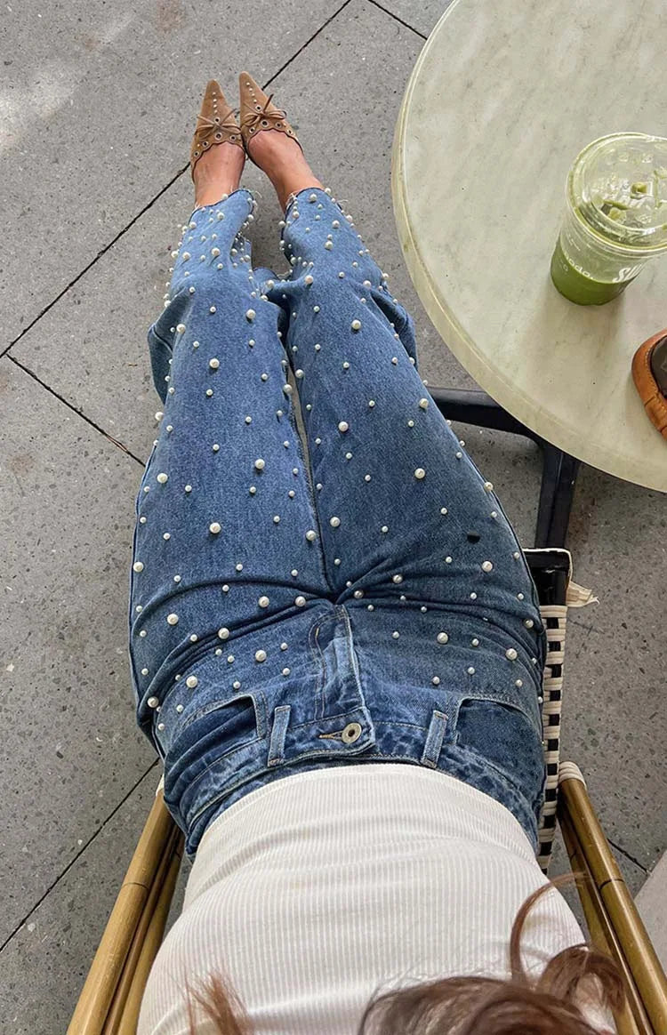 Fashionable Casual Rhinestone Frayed Straight Leg Jeans Women's Long Pants Cotton Natural Waist Comfortable Fit Spring Season