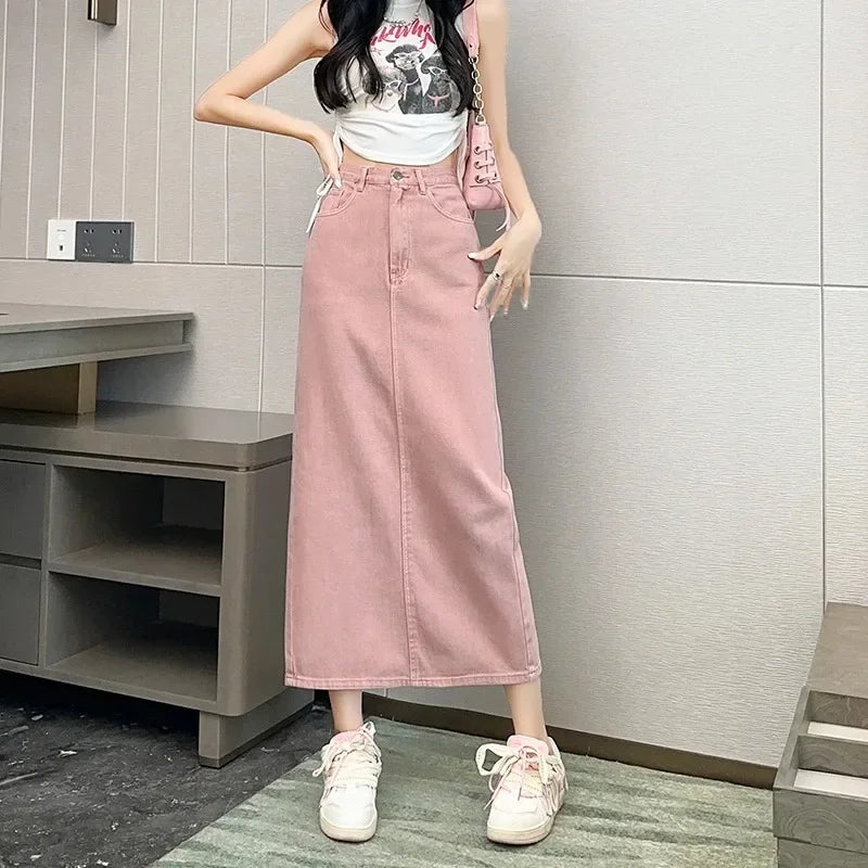 New Summer Women's 100% Cotton Denim Shorts Pink High-waisted Slit Retro Elegant Fashionable Casual Denim Long Skirt Female