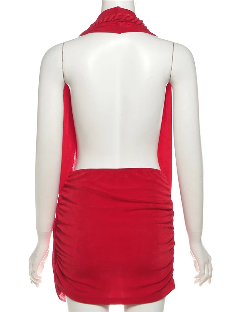 Nibber Backless Dress Woman Twist Bandage Halter Swing Collar Cleavage Sleeveless Midnight Club Party Sexy Fashion Mini Bodycon