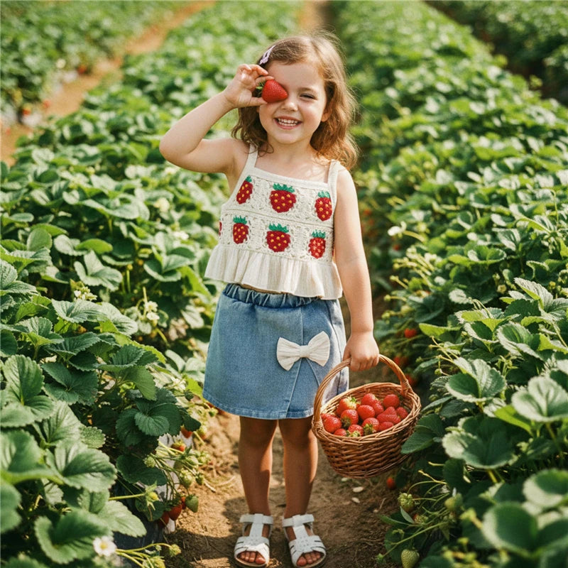 Toddler Kids Girls Clothing Set Strawberry Crochet Cami Tops and Bow Denim Skorts Jeans Outfits Set Clothes Children's Set