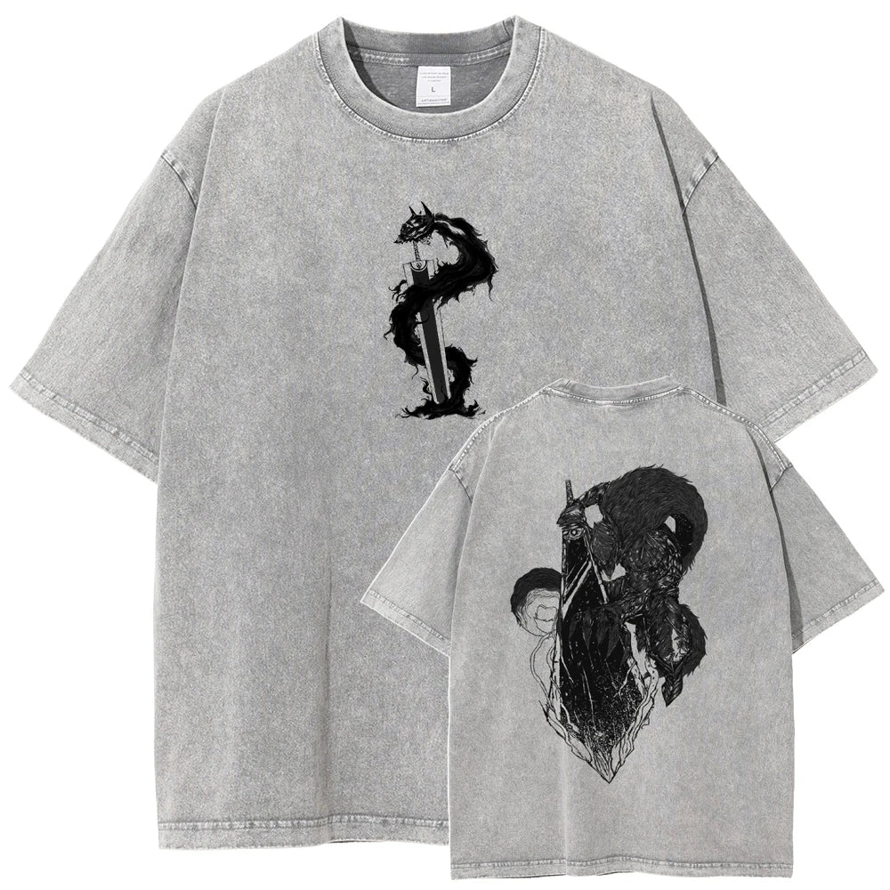 Berserk Guts T Shirt Manga Griffith Printed  T-shirt Men Unisex Clothes Street Vintage Washed Tshirt Short Sleeve Cotton Tees