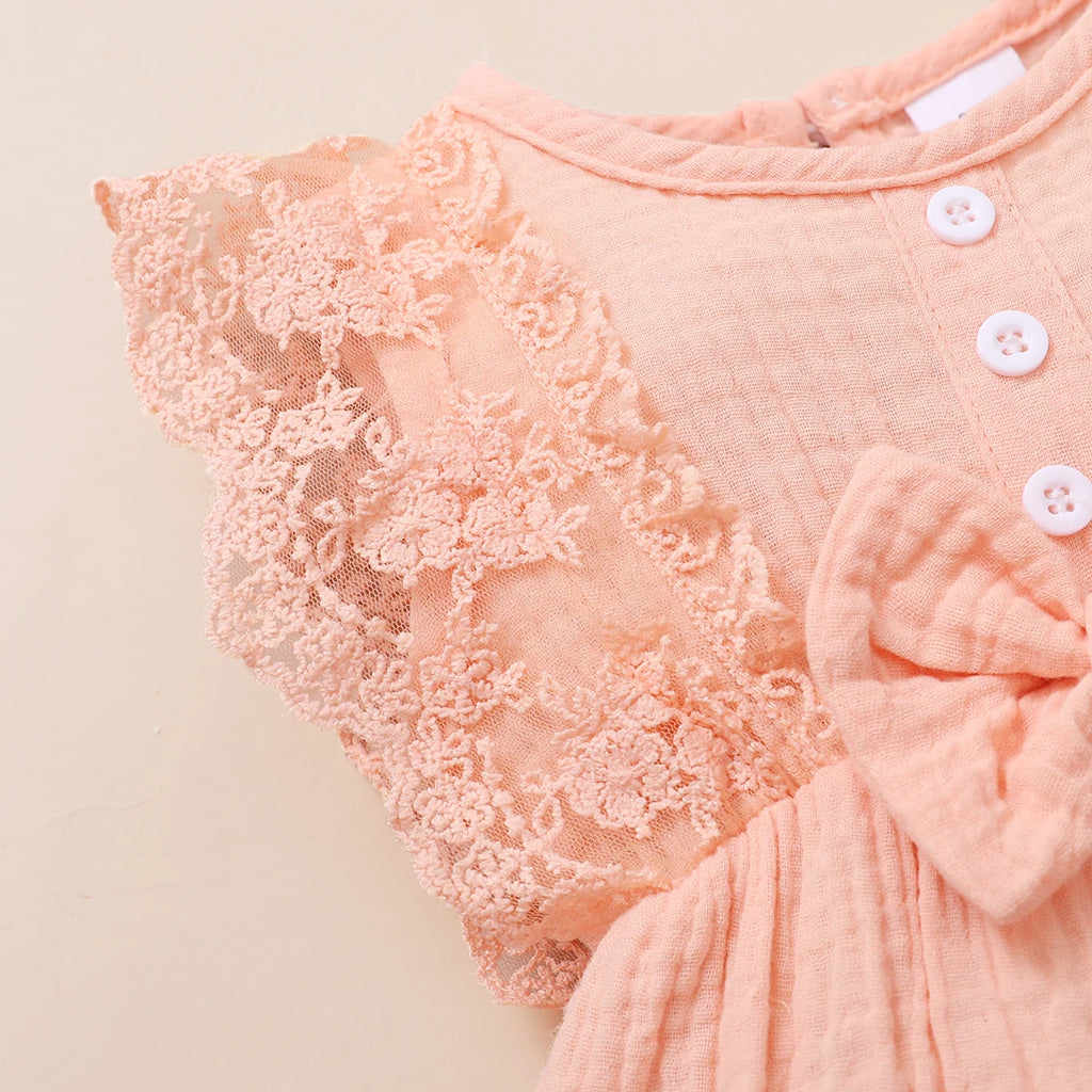 0-18 Months Newborn Baby Girl Plain Soft Bodysuit Lace Flared Sleeve Summer Romper with Headband Toddler Baby Girl Clothing