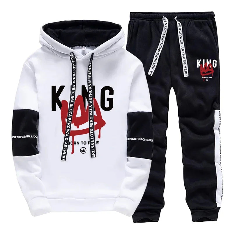 King Print Mens Tracksuit Casual Sweatshirts Outdoors Sports Jogging Mens Clothing Daily Street Sportswear Single Piece Hoodies