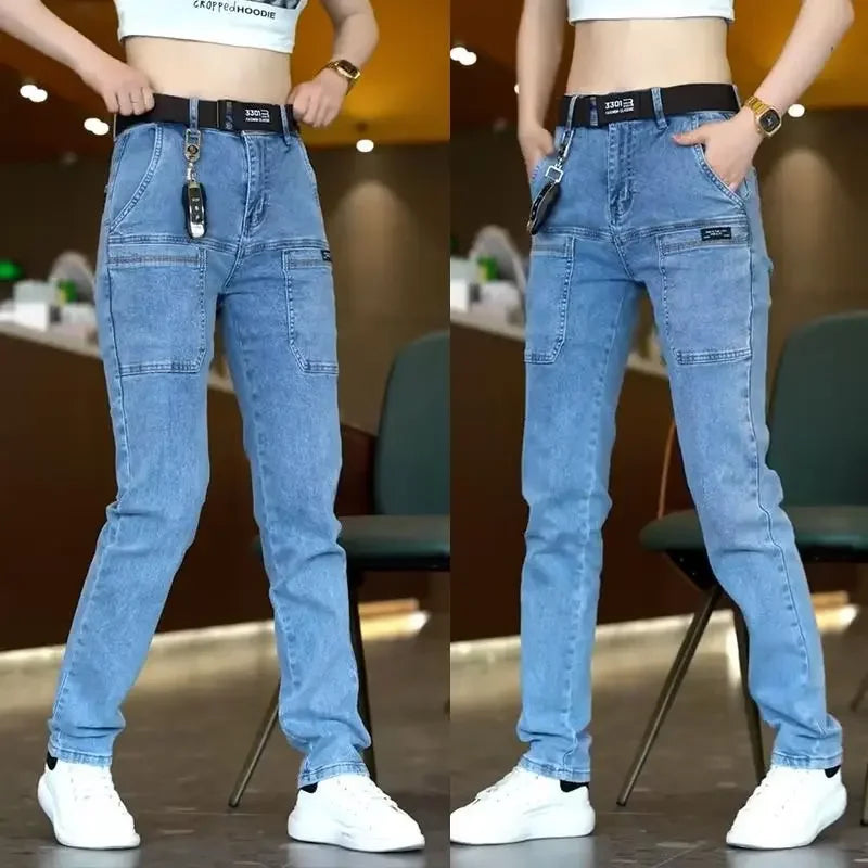 Korea Fashion Men Jeans Cargo Denim Pants Casual Blue Gray Pocket Denim Pants Straight Jean Womens Streetwear