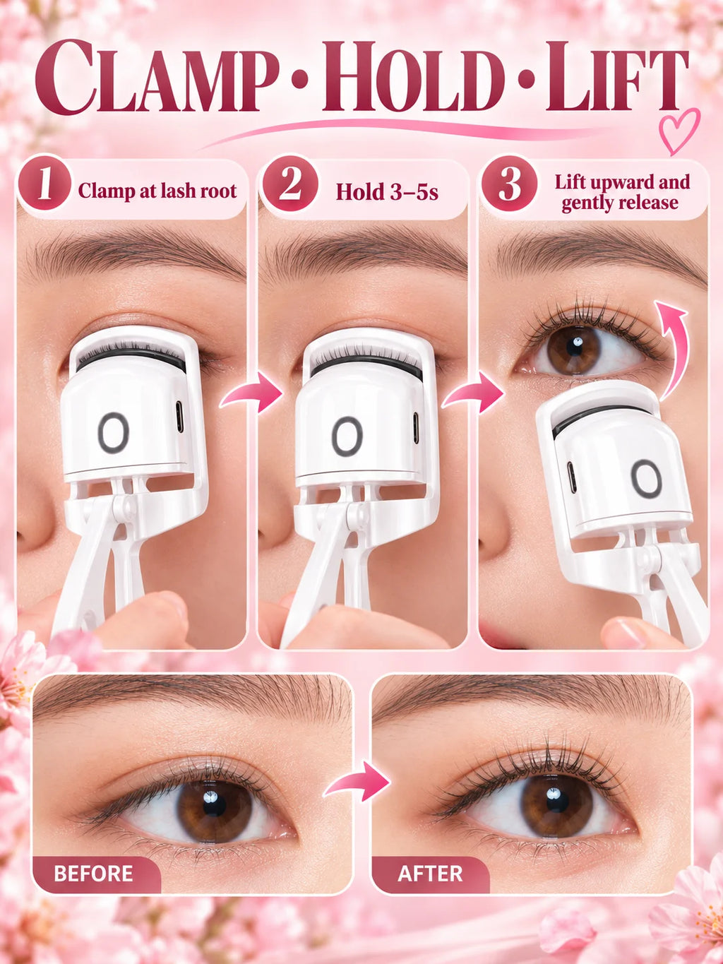 Electric Heated Eyelash Curler 2 Heat Modes Thermal Silicone Clamp Type-C Rechargeable Lash Curler 5-Min Auto Shut-Off Makeup To