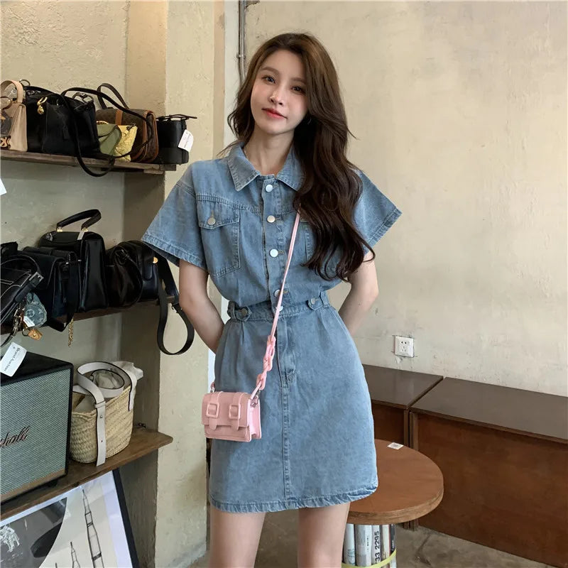 Women Vintage Denim Shirt Dress High Waist A-line Jean Mini Dress for Ladies Retro Y2K Streetwear Dresses for Women Party Outfit