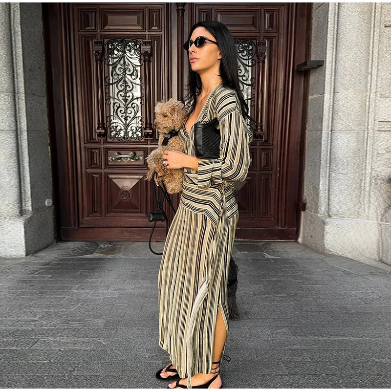 Multicolor Striped Shirt 2 Picec Set Button Front Blouse High Waist Flared Hem Maxi Skirt 2026 Summer Elegant Lady Vacation Suit