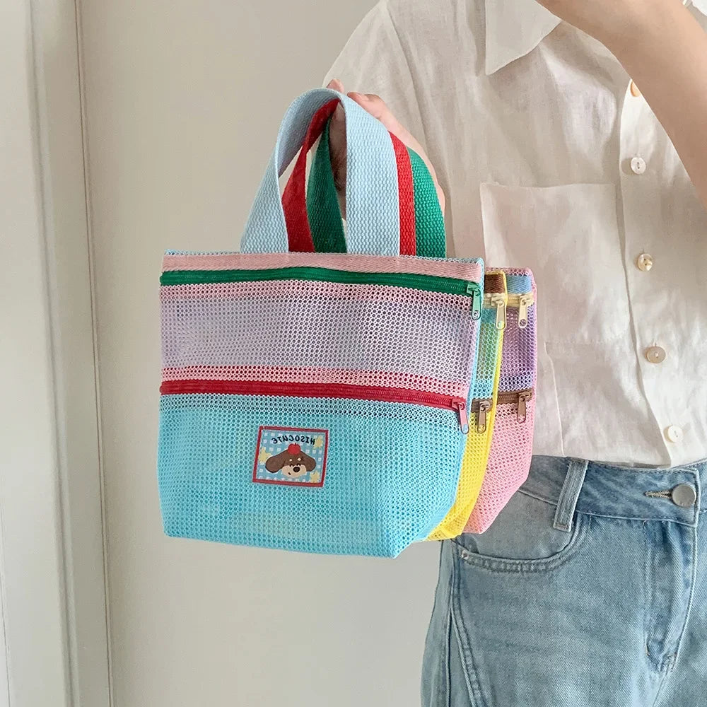 Women's Color-Block Mesh Makeup Bag with Top Handle and Cute Patch Small Cosmetic Pouch for Daily Travel Essentials Storage