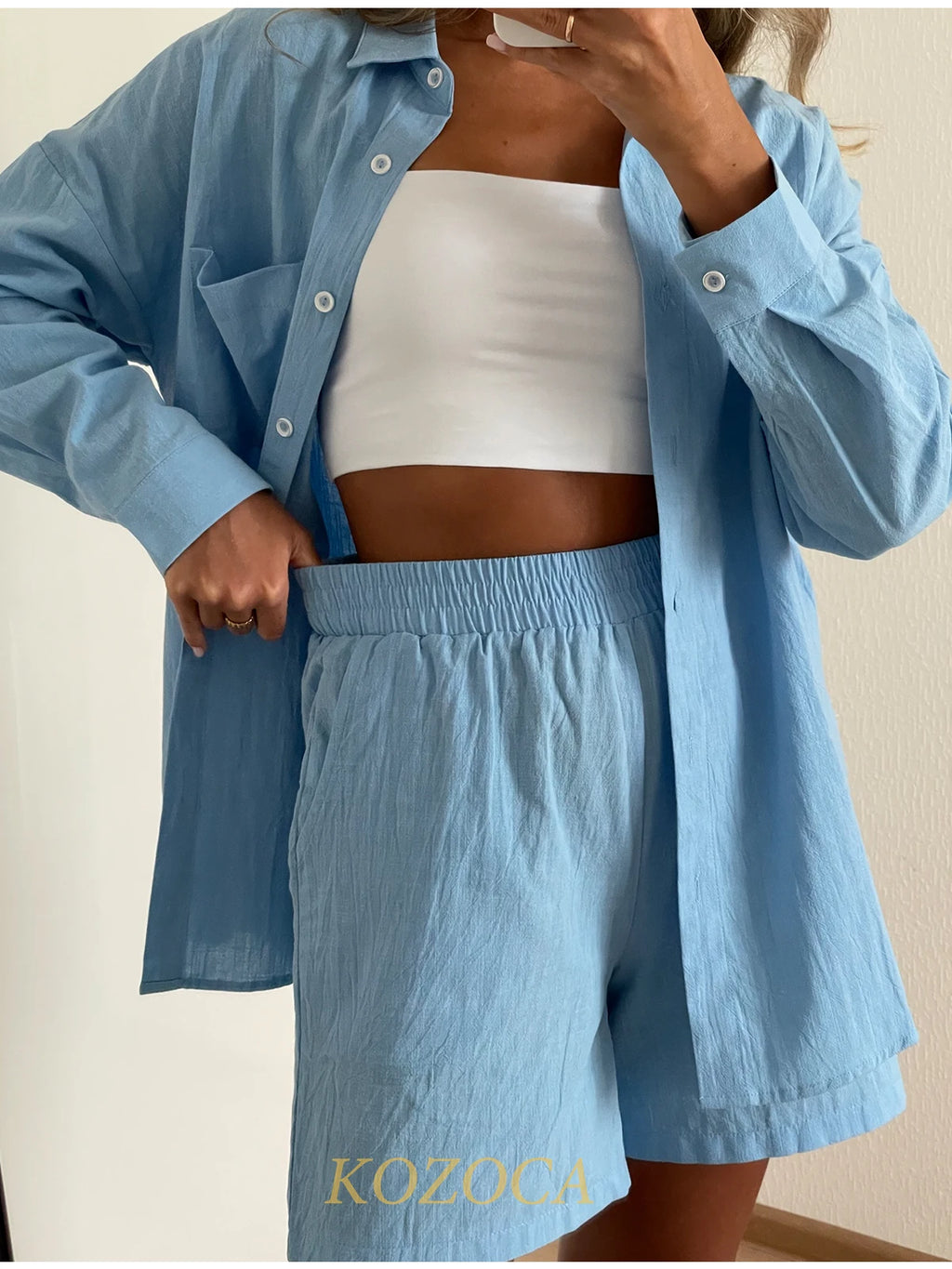 Summer Two Piece Set Women Shorts Suit Green Lapel Long Sleeve Shirts Sets Female Elegant Casual High Waist Pants Lady Outfits