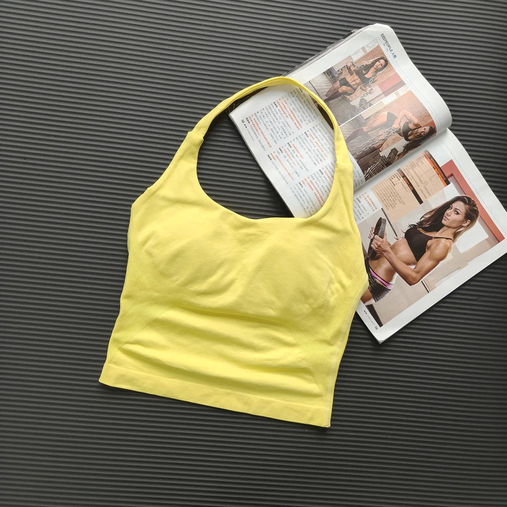 1DF-CY Women Seamless Halter Yoga Crop Top High Elastic Sports Bra Fitness Workout Gym Running Breathable Activewear Tank Top