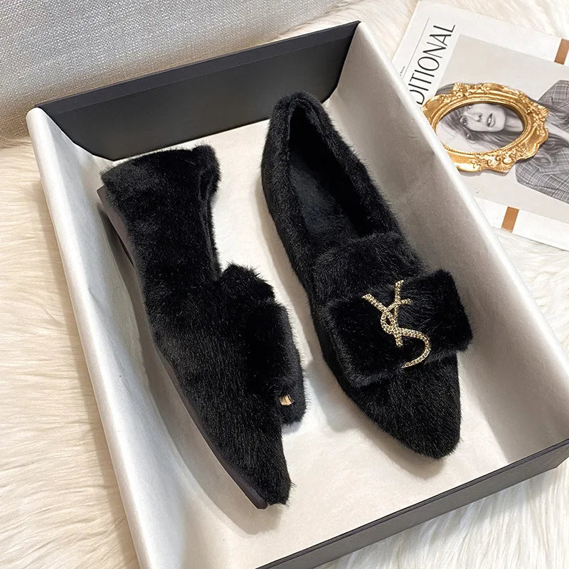 Flats Shoes for Women 2024 New Autumn Pointed Flat Mink Fur Winter Shoes Velvet Women's Loafers Ladies Shoes Plus Size 41 42 43