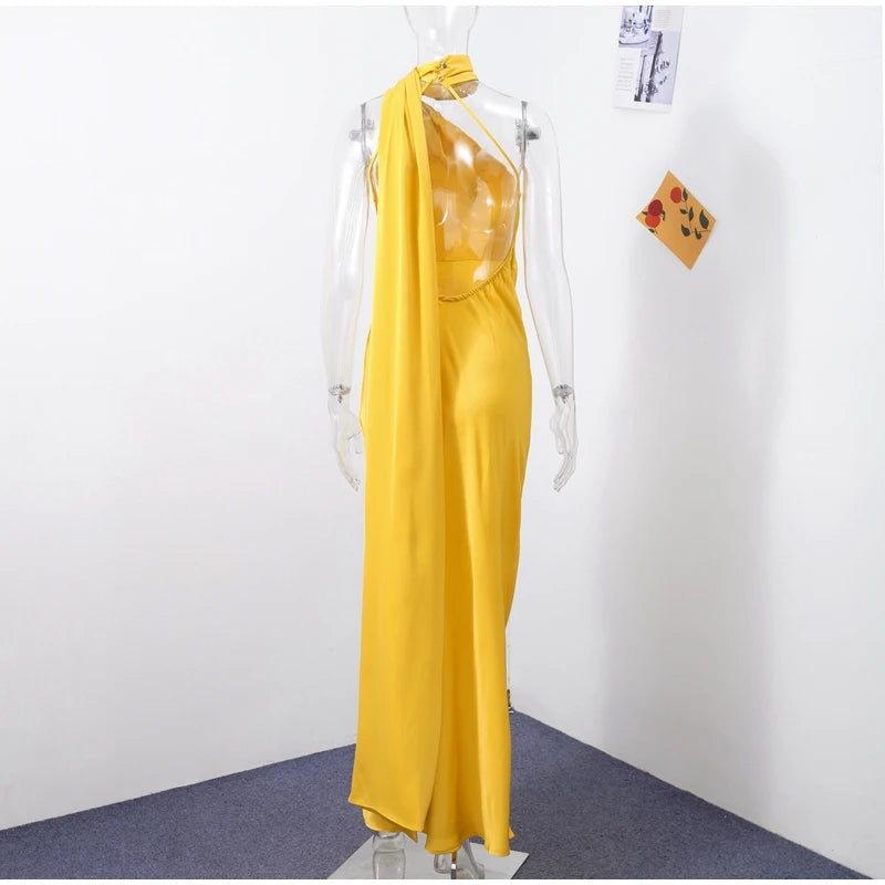 Backless Satin Long Sling Dress Women V Neck Sleeveless Slit Solid Sexy Party Dresses 2026 Summer Lady Vacation Evening Robes