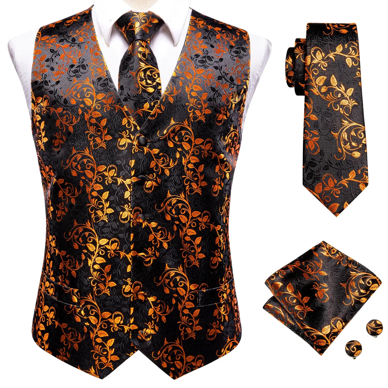 Hi-Tie Silk Mens Waistcoat Tie Set Gold Brown Orange Beige Ivory Khaki Bronze Sleeveless Jacket Suit Vest Necktie Hanky Cufflink