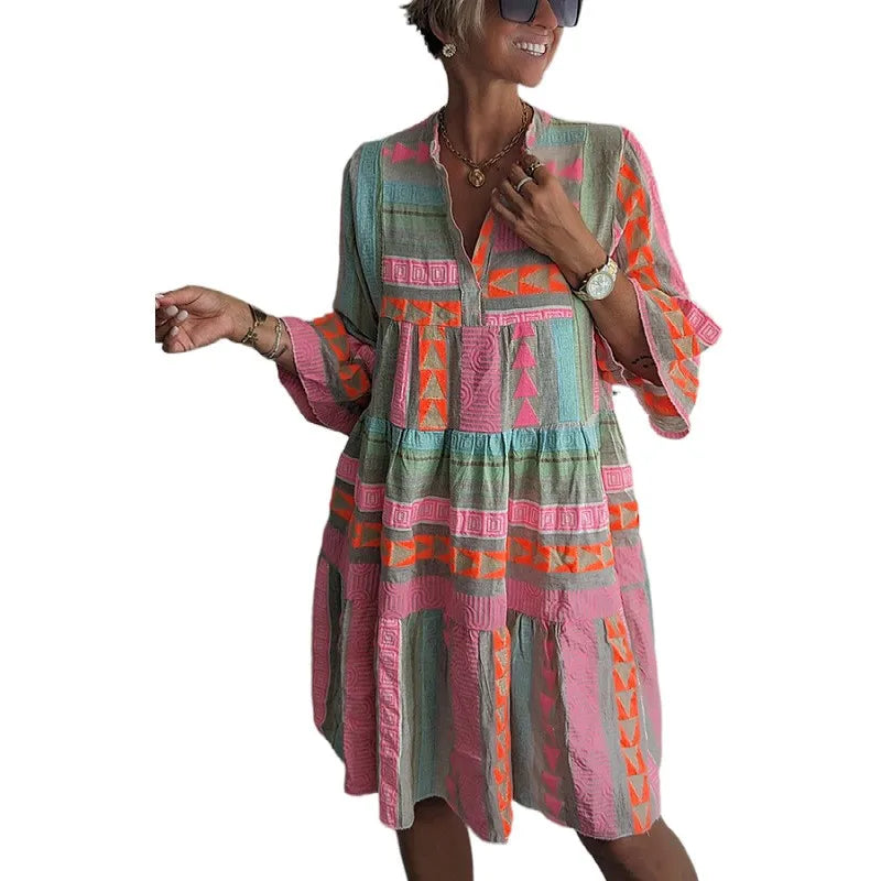 Women's Summer Loose Fit V Neck Three Quarter Flare Sleeve Printed Burnout Cotton Linen Pullover Dress for Women with Boho