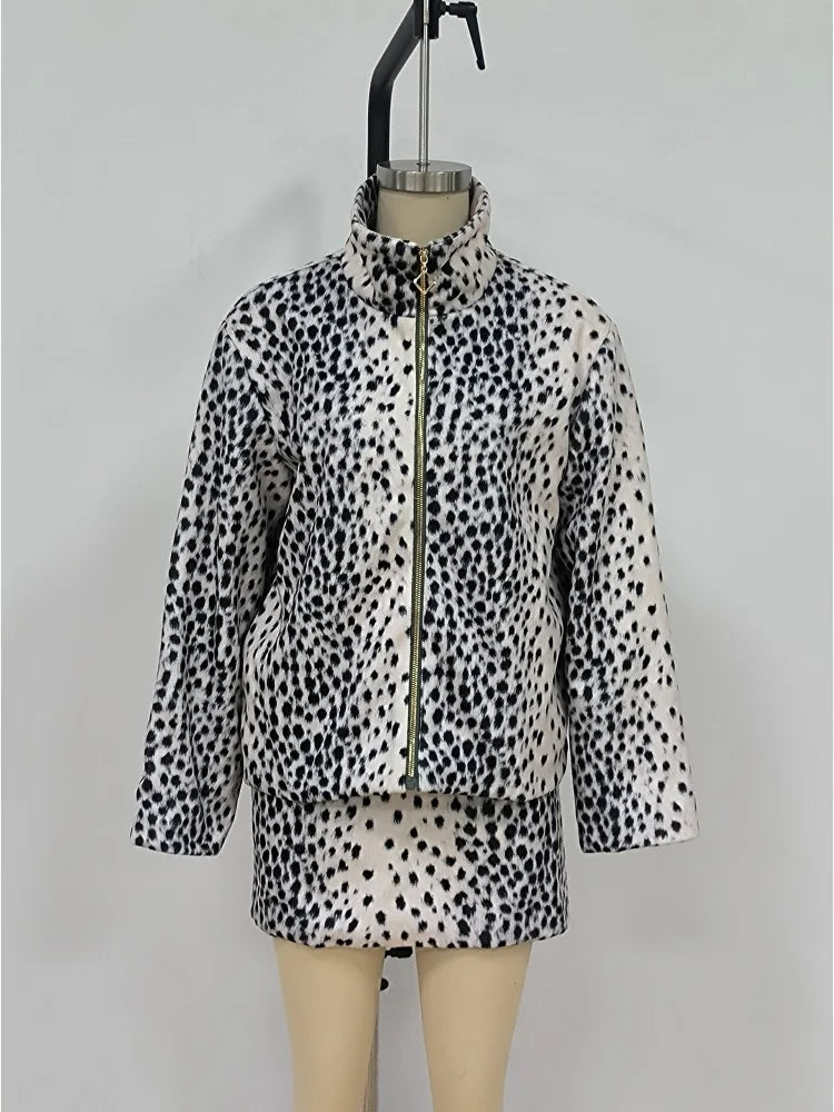 Women Leopard Print Faux Fur Jacket Zip Up Stand Collar Cropped Loose Fit Fuzzy Coat Vintage Street Casual Ladies Outerwear