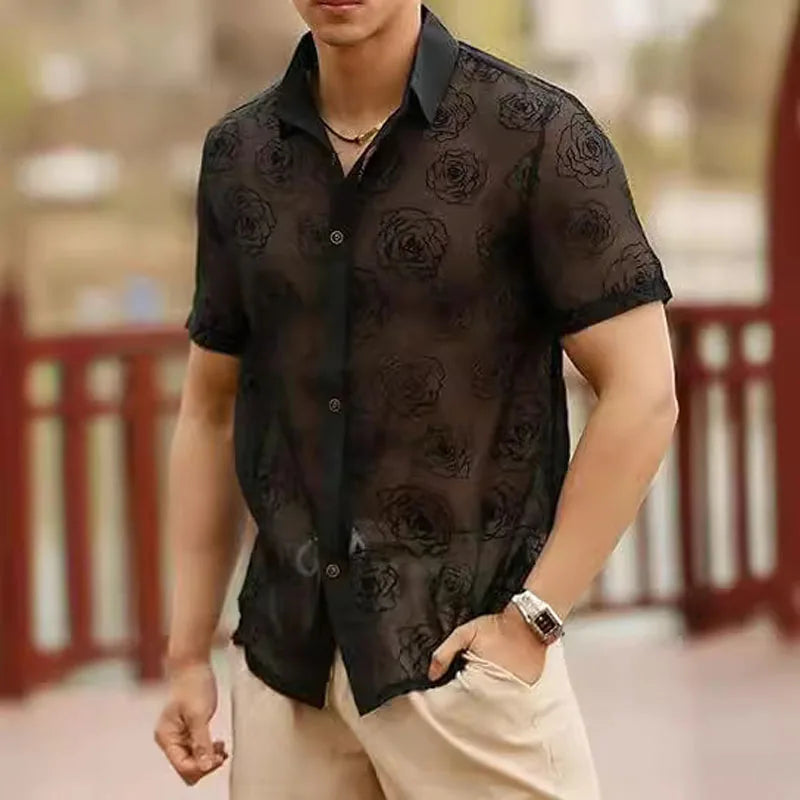 Spring/Summer Men's Fashion Lace Short-sleeved Shirt Party Club Sexy Hollowed-out See-through Shirt Casual Street Men's Clothing