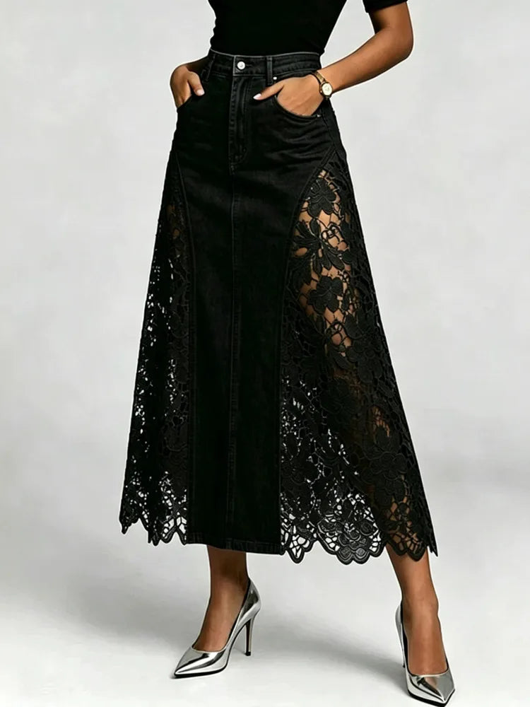 SHENGPALAE Women Denim Midi Skirt High Waist Bodycon Washed Lace Splicing Elegant Casual Floral Hollow Summer 2026 New 05E03125