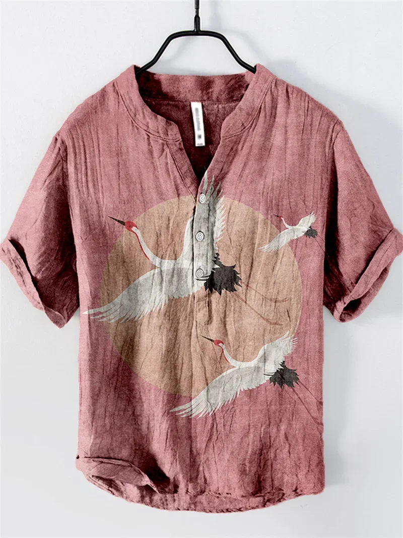 Men's Linen Comfortable Soft Men's Short Sleeve Shirt Hawaiian Fashion Splicing Print Stand Collar Button Shirt Summer Style