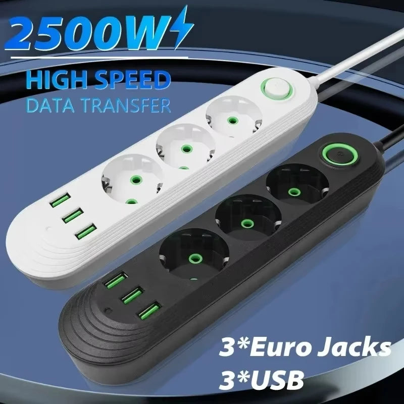 EU Plug AC Outlet 2500W Multiports Power Strip AC Outlet with 3USB Port 2m Extension Cable Round Pin Electrical Charger Adapter