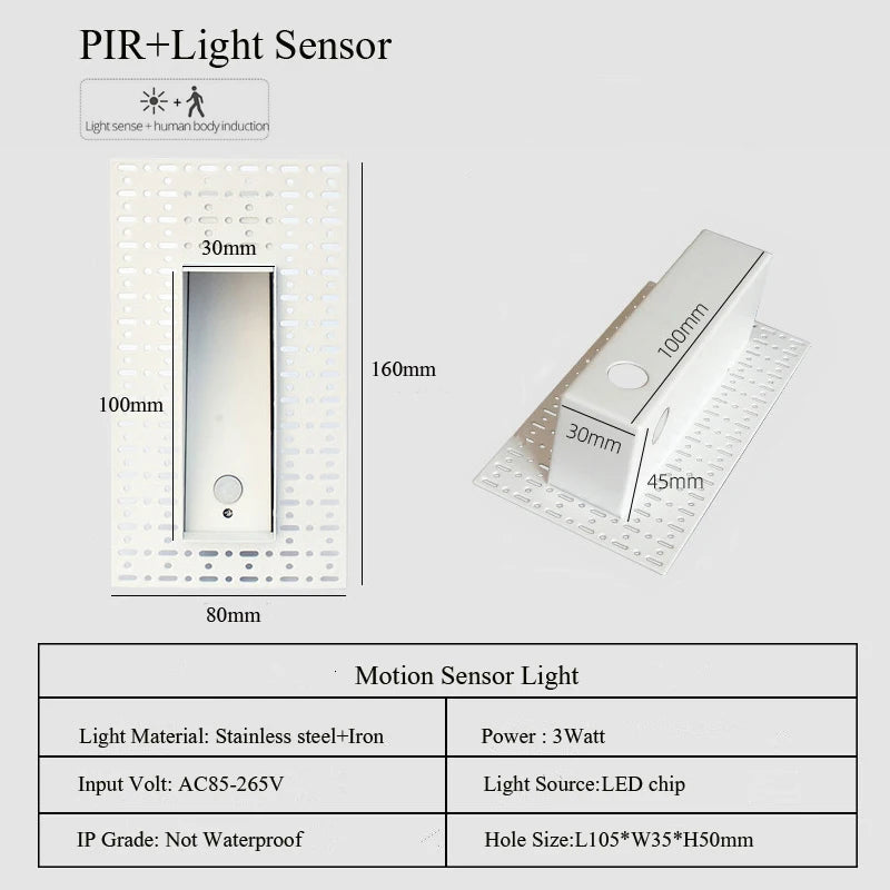 Embedded Frameless LED Step&Stair Wall Lamps 3W Motion Sensor Indoor Bedroom Ladder Foyer Corner Intelligent NightLight 100-240V